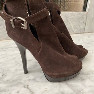Fendi Brown Suede Peep Toe Platform Ankle Boots
